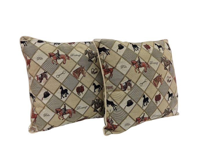 Pair of Equestrian Tapestry Cushion Covers with Pillows