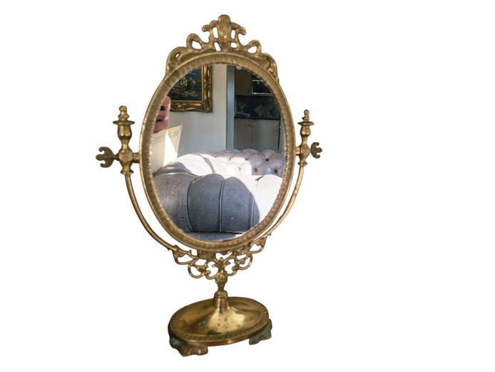 Antique French Vanity Ornate Brass Mirror