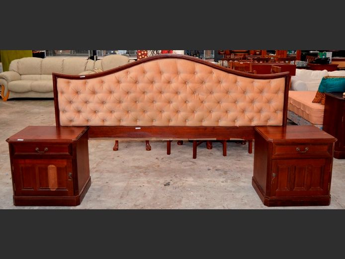 IMBUIA DOUBLE HEADBOARD WITH PAIR SINGLE DOOR, SINGLE DRAWER PEDESTALS ATTACHED