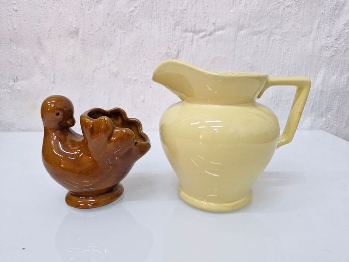 Vintage Ceramic Lot – Yellow Milk Pitcher & Brown Duck Egg Cup