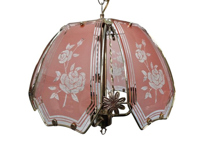 Vintage Mid-Century Pink Frosted Glass Floral Chandelier