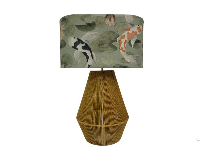 Table Lamp with String-Wrapped Base and Koi Fish Patterned Shade