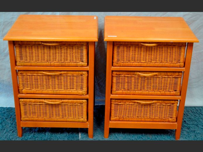 PAIR BEECHWOOD BEDSIDE PEDESTALS WITH 3 WICKER DRAWERS, 51 x 41 x 68cm