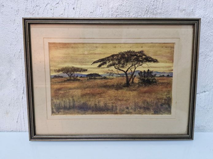 Vintage South African Bushveld Watercolor Painting