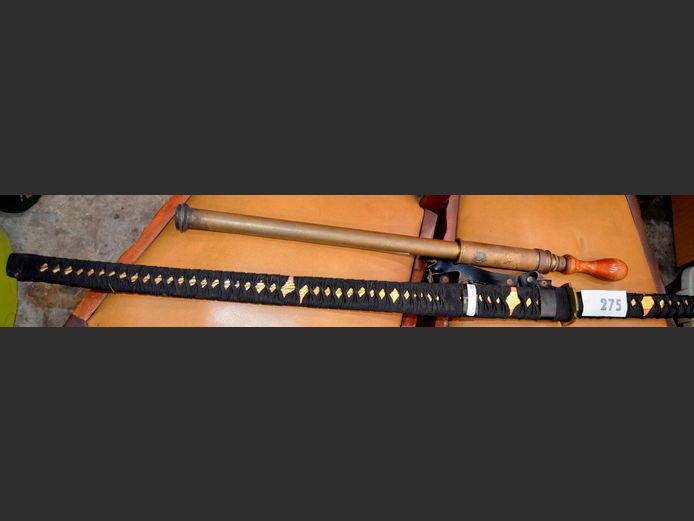 VINTAGE BRASS PUMP & A SAMURAI SWORD, 100cm Long & 64cm Long