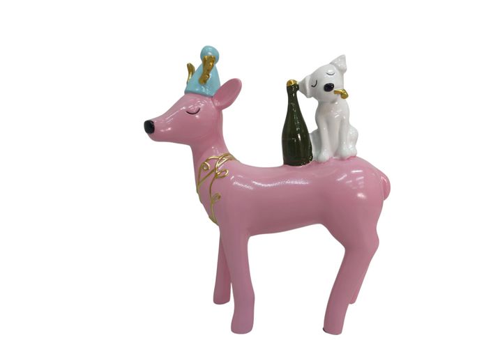 Whimsical Pink Festive Reindeer Figurine with Dog & Champagne Bottle