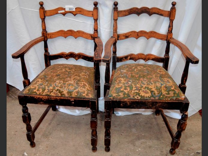 PAIR OAK CARVERS WITH TAPESTRY SEATS [Leg to 1 broken, seats worn]