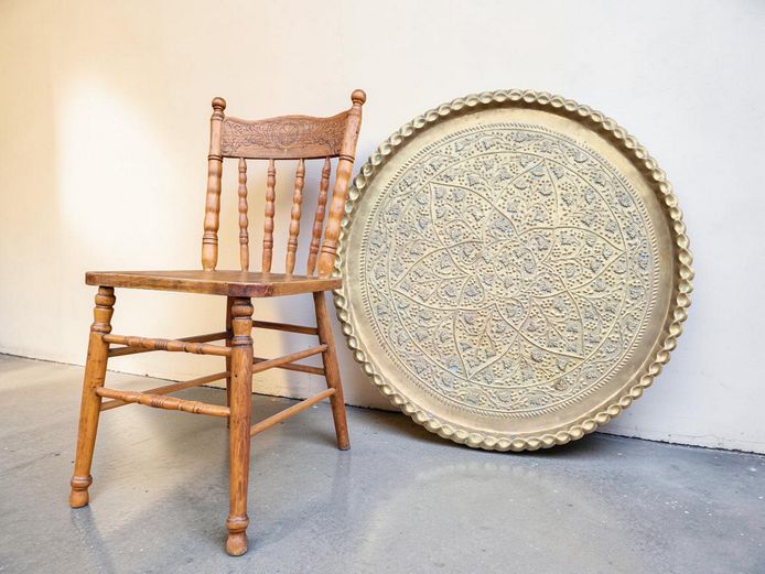 Large Embossed Brass Circular Tray with Scalloped Edge