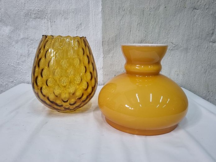 Mid-Century Amber Glass & Lamp Shade Set of 2