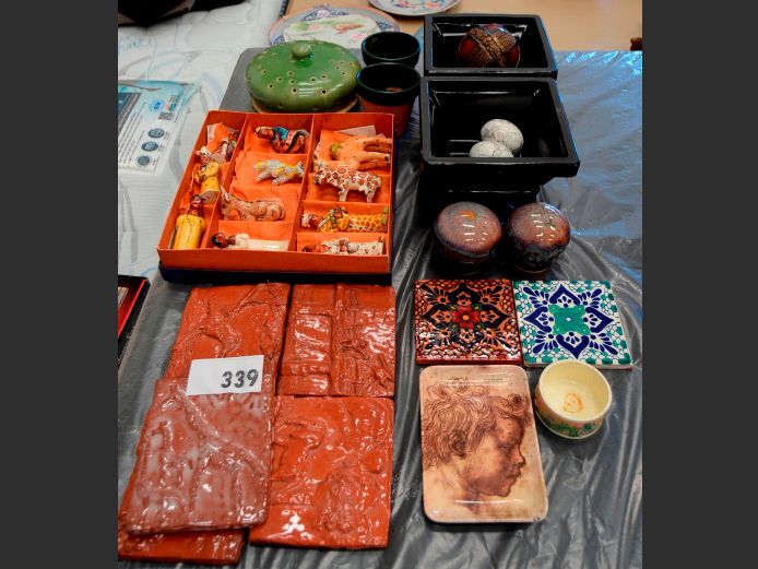 AFRICAN POTTERY NATIVITY SCENE, PAIR BLACK GLASS BOWLS, etc