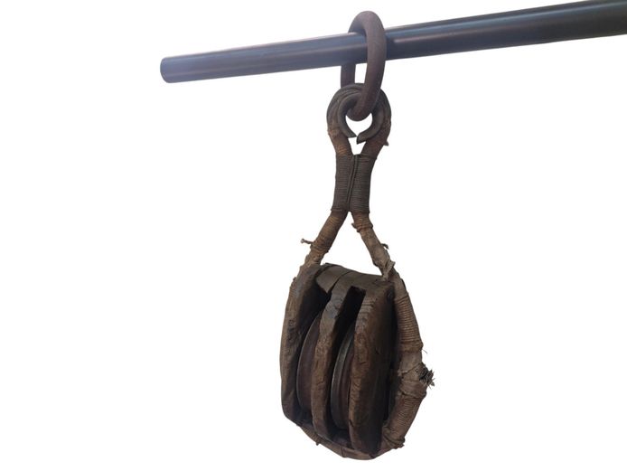 Antique Double-Sheave Nautical Rigging Block with Served Strop
