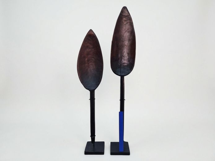 Pair of Large Floor-Standing Carved Wooden Ceremonial Spoons