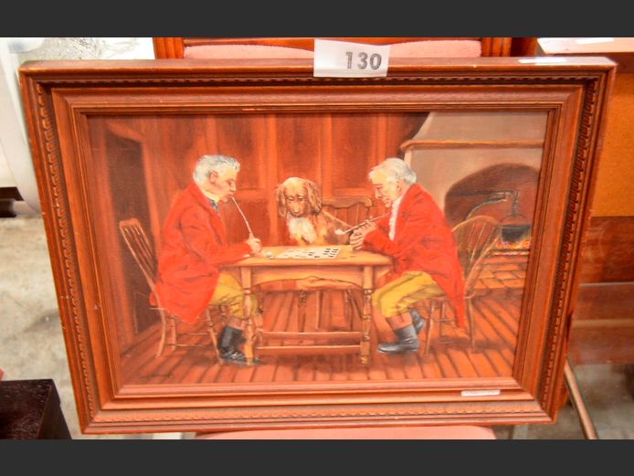 DARKWOOD FRAMED OIL ON BOARD "CHECKERS PLAYERS" SIGNED CAROL NOTHNAGEL, 46.5 x 23cm
