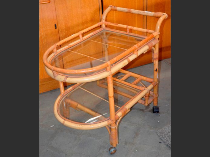 CANE & GLASS 2-TIER TEA TROLLEY, 50 x 82 x 78cm