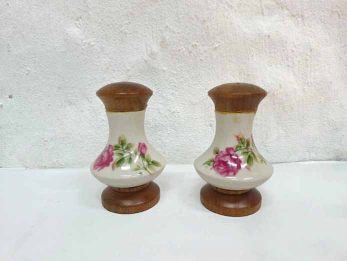 Vintage Floral Ceramic & Wood Salt and Pepper Shakers Set