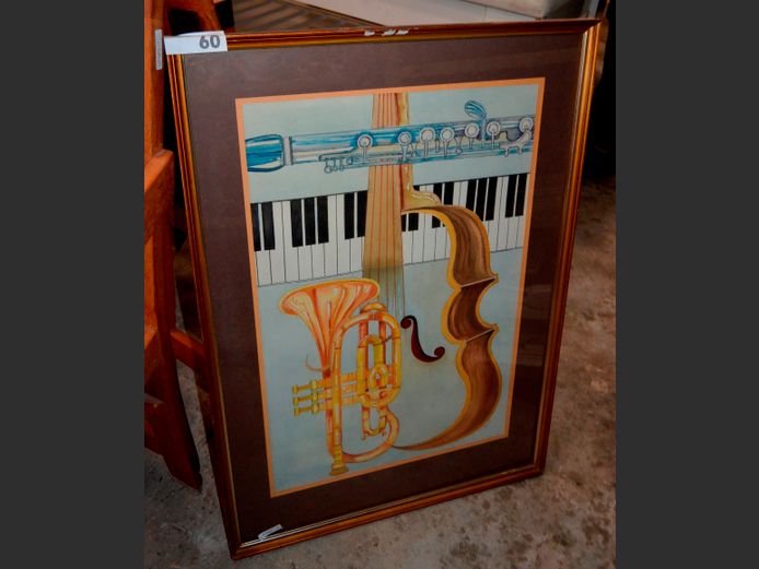 GILT FRAMED WATERCOLOUR "MUSICAL INSTRUMENTS", 66 x 43cm