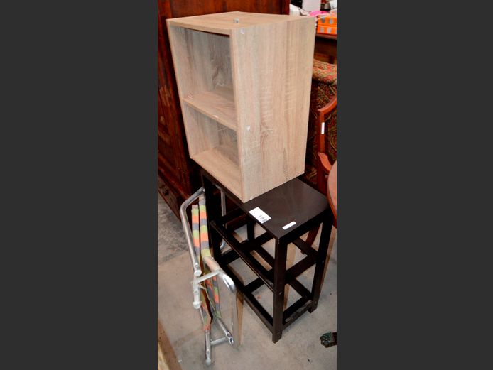 OAK FOIL 2-TIER SHELF, 40 x 29 x 54cm, BLACK PAINTED PEDESTAL [Drawer missing] & A BEACH CHAIR