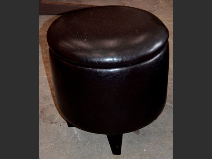 BLACK LEATHER OTTOMAN WITH STORAGE, 40cm Diameter x 45cm High [#: 403858259]
