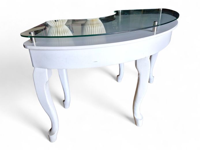 White Kidney Shaped Vanity Table with Raised Glass Top
