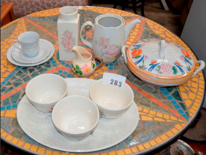 SERVING DISH WITH LID [Lid repaired], BOWLS, TEAPOT [No lid], etc