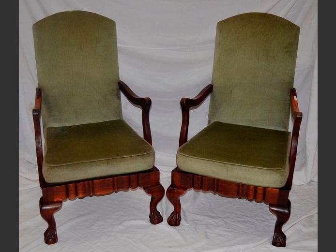 PAIR IMBUIA BALL & CLAW, GREEN UPHOLSTERED ARMCHAIRS