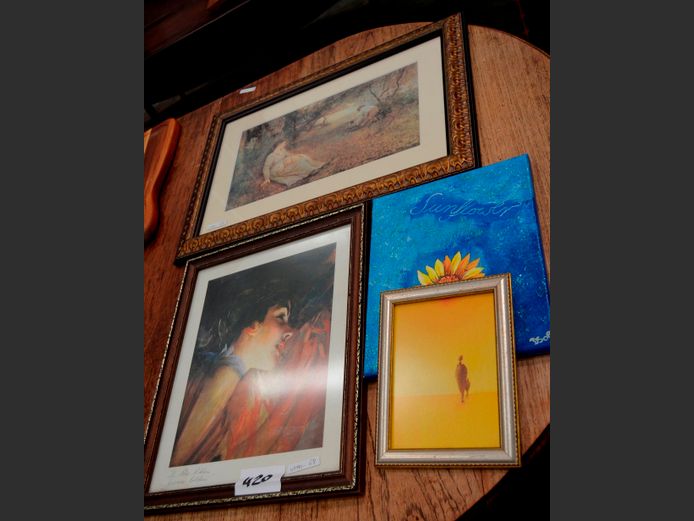 GILT FRAMED PRINT "MOTHER & CHILD", UNFRAMED SUNFLOWER PICTURE, etc