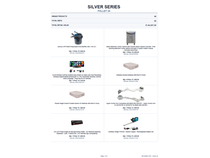 SILVER PALLET OF STOCK (NOT TESTED) TOTAL RETAIL VALUE: R 44,397.00 STC