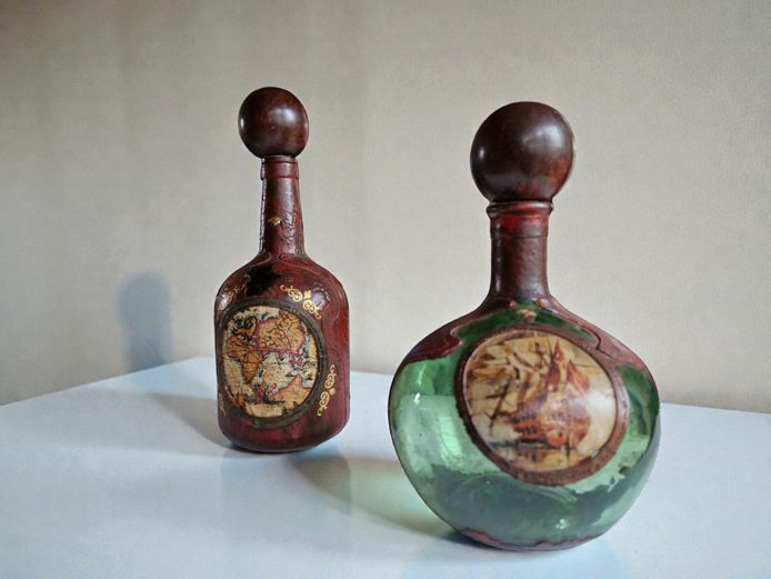 Vintage Leather-Clad Glass Decanters with Nautical & Map Motifs