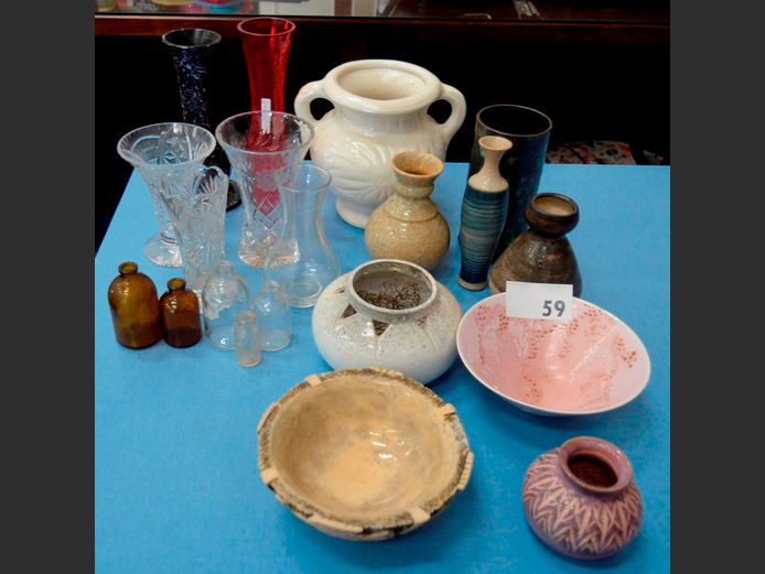 GLASS VASES, BOWLS, SMALL COLLECTABLE BOTTLES, etc