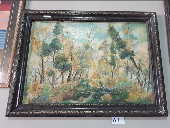 FRAMED OIL ON CANVAS "FOREST SCENE", 73 x 50cm