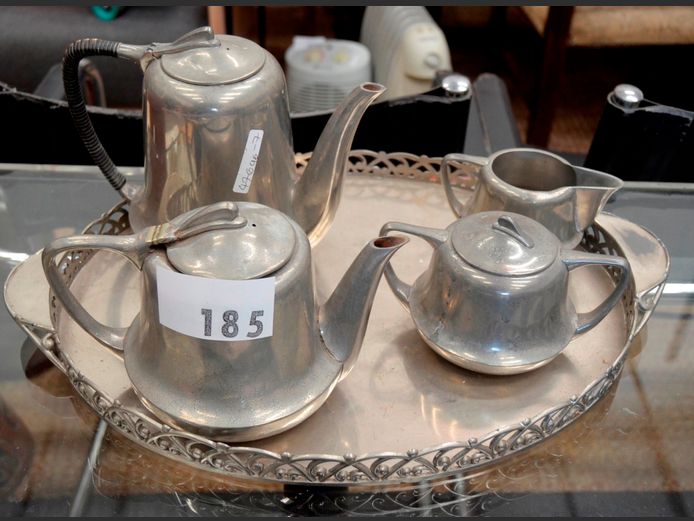 SILVER PLATE: TEAPOT, COFFEE POT, SUGAR BOWL, CREAMER & TRAY, 47 x 32cm