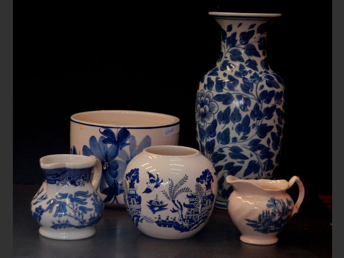 BLUE & WHITE VASES, MILK JUGS, etc