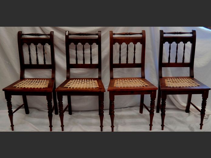 SET OF 5 IMBUIA DINING CHAIRS WITH RIEMPIE SEATS [1 chair needs a leg]