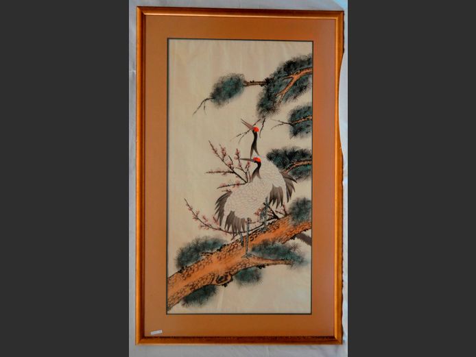 FRAMED JAPANESE SILK CRANE ARTWORK, 112 x 58cm