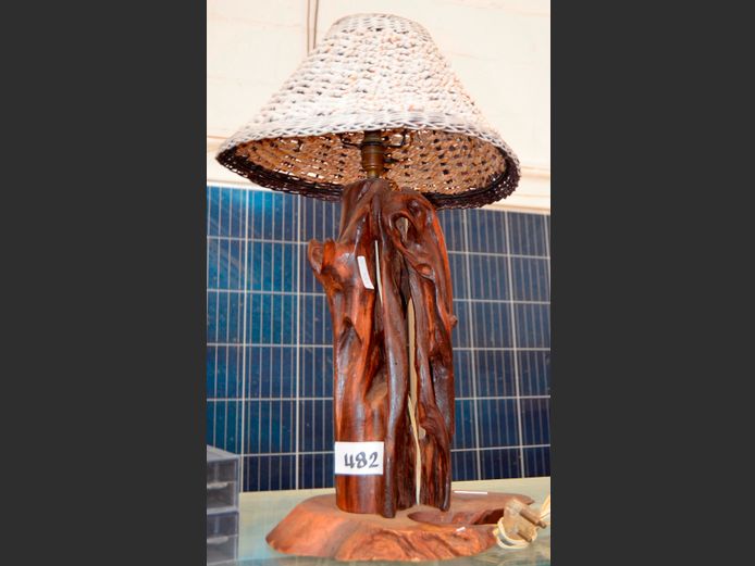 POLISHED DRIFTWOOD TABLE LAMP WITH WOVEN SHADE, 65cm High