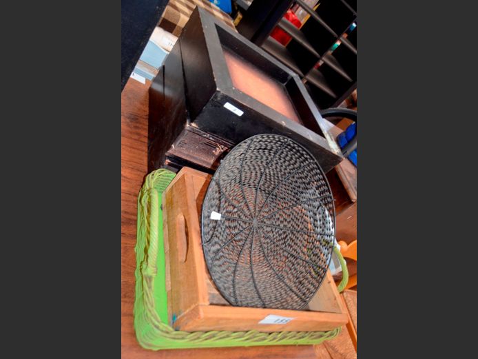 LOT: 2 x WOODEN TRAYS, METAL FRUIT BASKET, etc