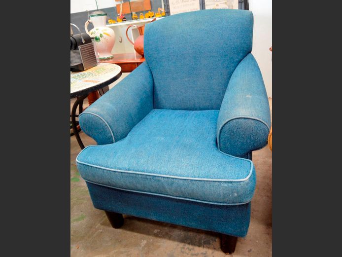 BLUE UPHOLSTERED ARMCHAIR [Sun bleached]