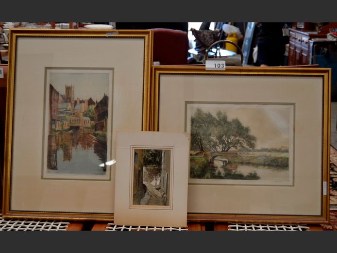 PAIR GILT FRAMED & SIGNED PRINTS & ANOTHER, 35 x 25.5cm, 36 x 21cm & 19.5 x 12.5cm