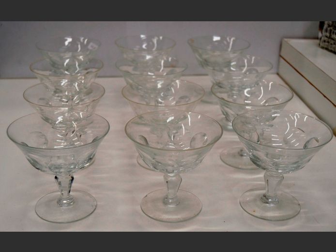 SET OF 12 THUMB CUT CRYSTAL CHAMPAGNE COUPES