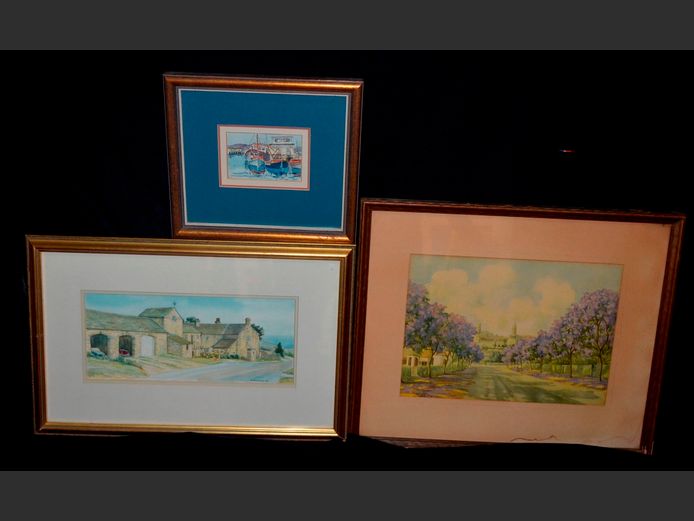 GILT FRAMED WATERCOLOURS: HOUSE, BOATS & LANDSCAPE, 34.5 x 25cm, 34.5 x 15cm & 11.5 x 8cm