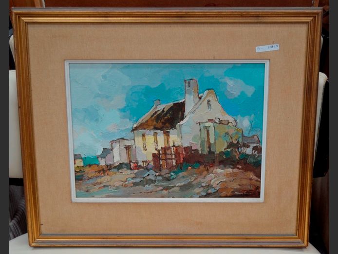 FRAMED OIL ON BOARD "COTTAGES" SIGNED KOBUS LOUW, 39 x 29cm