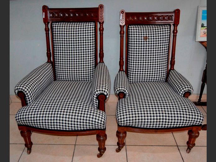 SET CARVED MAHOGANY & CHECK UPHOLSTERED GRANDFATHER & GRANDMOTHER CHAIRS ON CASTORS