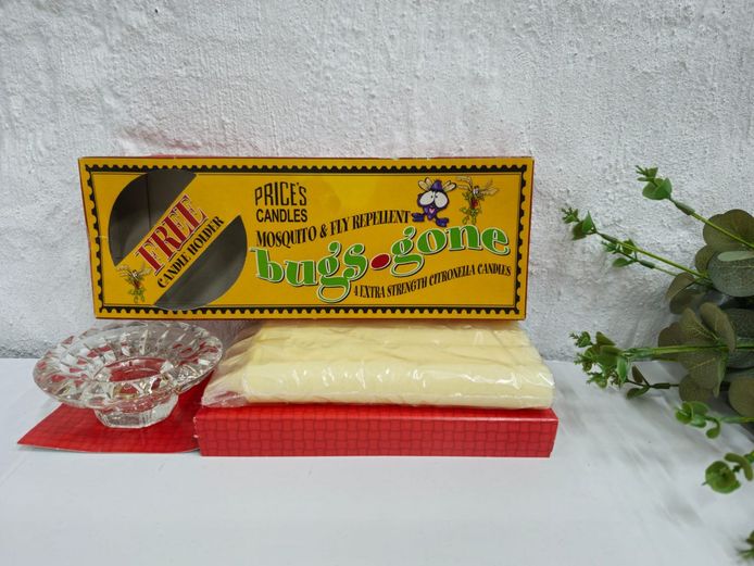 Vintage Price’s Candles Bugs-Gone Citronella Set with Glass Holder
