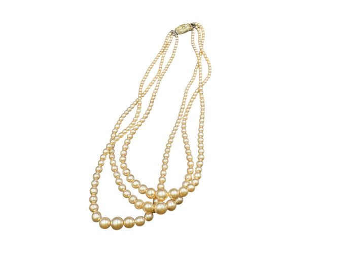Vintage Three-Strand Graduated Faux Pearl Necklace with Ornate Box Clasp