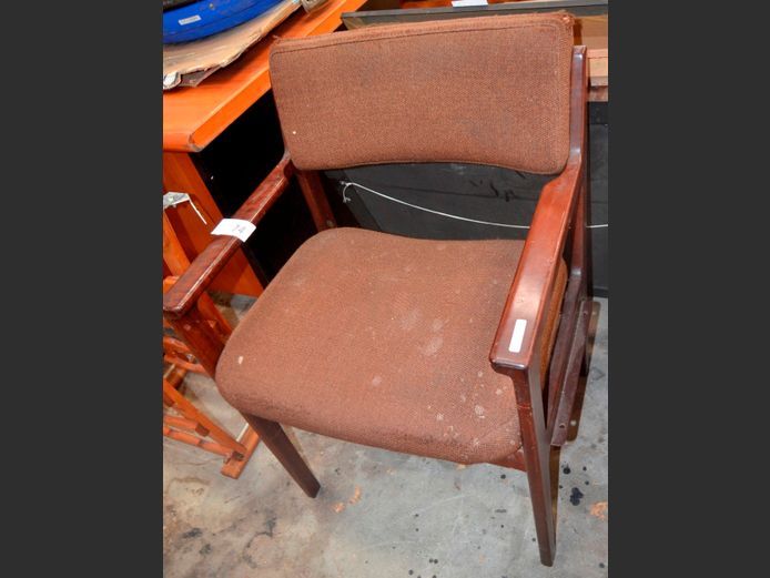 IMBUIA & BROWN UPHOLSTERED ARMCHAIR [Needs a clean]