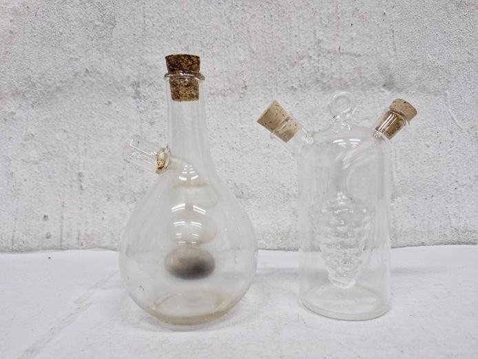 Pair of Novelty Dual-Chamber Glass Oil and Vinegar Cruets