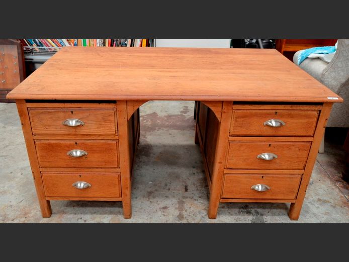 TEAK 6-DRAWER DESK WITH METAL CUP HANDLES, 151 x 90 x 76cm