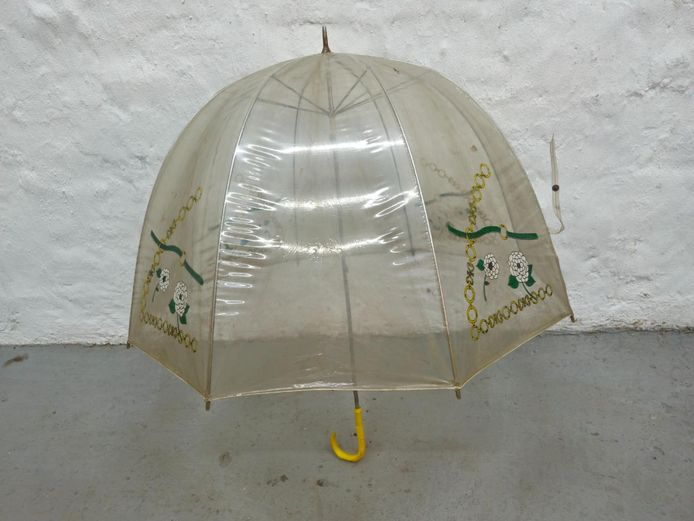 Vintage Clear Vinyl Dome Umbrella with Floral Print and Yellow Handle
