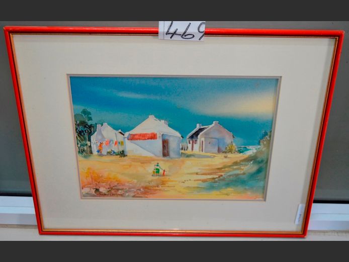 FRAMED WATERCOLOUR "COTTAGES" SIGNED MARION LANGTON, 33.5 x 23.5cm