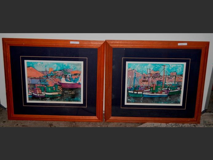 PAIR FRAMED MIXED MEDIA "FISHING TRAWLERS" SIGNED C. PELOSO, 29 x 22.5cm